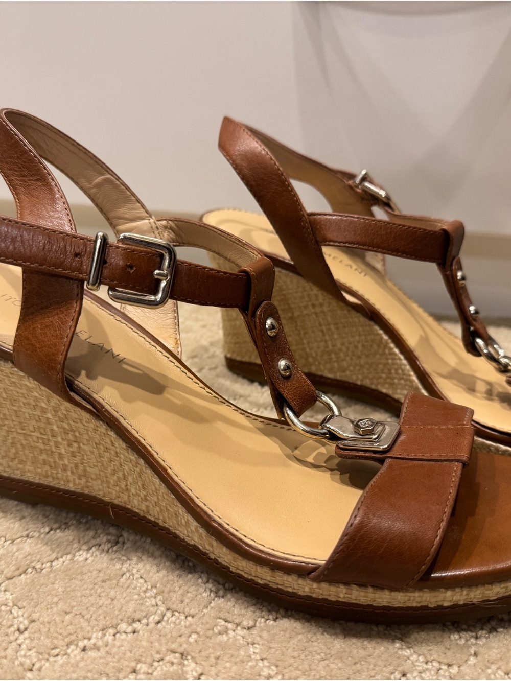 ANTONIO MELANI Brown Leather Espadrille Wedge Sandals with Metal Hardware